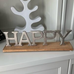 “Happy” Wood Silver Metal Large Decorative Sign Home Decor Made in India EUC 20”